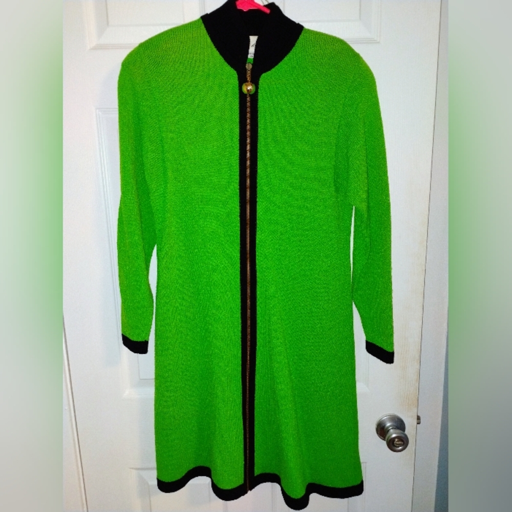 Vibrant Green Long Cardigan with Black Trim